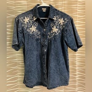 Passion Blue Denim Shirt with White Beaded Embroidery Lg